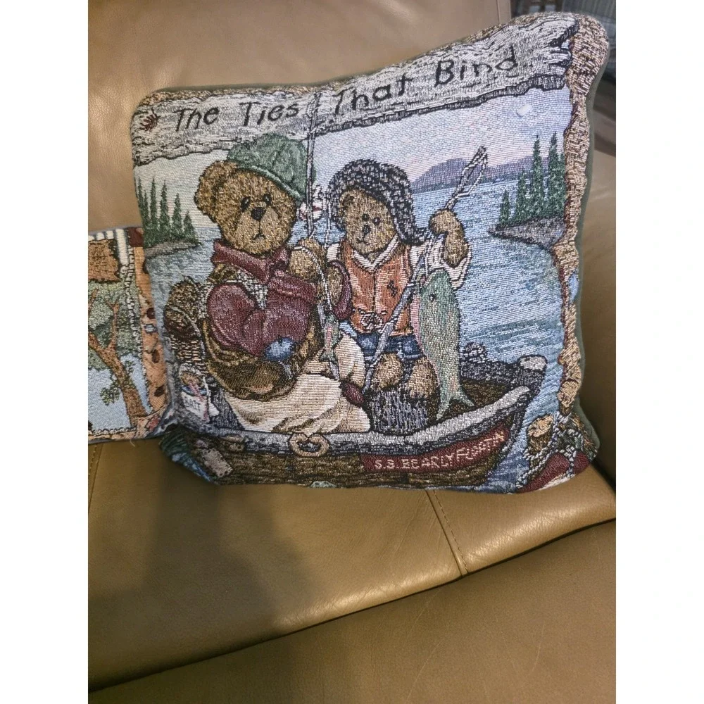 Boyds Bears & Friends Tapestry Throw Pillow Set Fishing Lake Cabin Decor USA